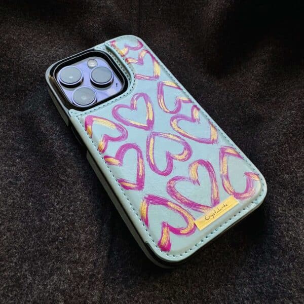 Funda iPhone Wallet corazones turquesa