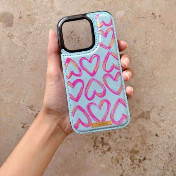 Funda iPhone Wallet corazones turquesa